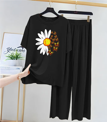 Girls (7–14) & Women (S–XL) Soft Cotton Jersey Pajama Set – Black “love” Tee & Printed Trousers | Cozy Sleep & Loungewear
