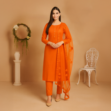 Rubika Fashion Most Hit Unstitched 3 Piece Collection Katan Silk Plain Shirt & Trouser With Net Dupatta For Women Dress for women